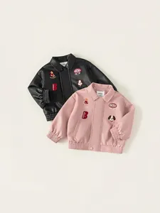 Kids faux leather jacket with cartoon patches in black and pink for boys and girls