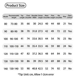 Detailed size guide for boys plaid shirt and pants set with measurements for 80 to 140 cm