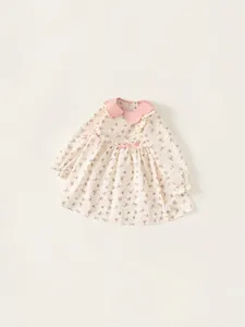 Abito a fiori per bambine con colletto Peter Pan rosa e fiocchi in cotone beige chiaro
