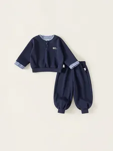 Boys Casual Cotton Blend Clothing Set Mock Two-Piece Plaid Patchwork Pullover Top And Elastic Waist Jogger Pants Navy Blue Soft Comfortable Outfit