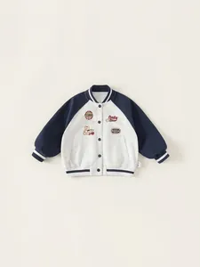 Kids Varsity Jacket Contrast Color Cotton Blend Embroidery Bear Patchwork Coat Striped Ribbed Trim Casual Baseball Uniform