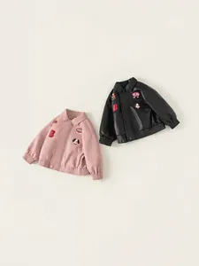 Kids faux leather jacket with embroidery detail in pink and black baseball style