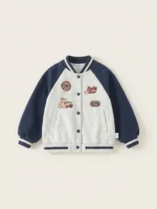 Kids color-block varsity jacket with cute bear embroidery and striped ribbed cuffs