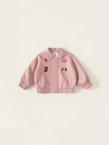 Kids pink PU leather jacket featuring lapel collar and cute cartoon patches for girls