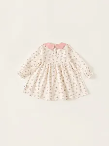Abito a fiori a maniche lunghe per bambine con colletto rosa e bottoni sul retro