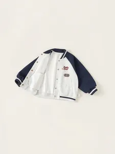 Classic gray and navy color-block kids baseball jacket with Lucky Bear embroidery detail