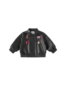 Kids black faux leather jacket with cartoon patches and classic lapel collar