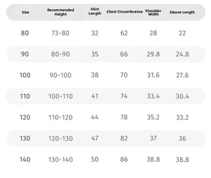 Tableau des tailles détaillé pour chemise garçon avec mesures et guide de taille