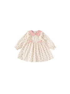 Abito a maniche lunghe in cotone a fiori per bambina con colletto Peter Pan e fiocco