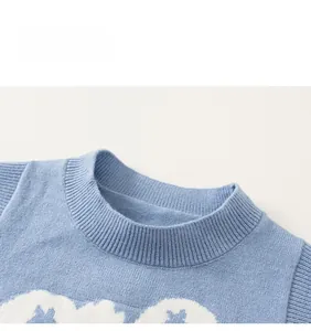 Detail of the light blue knit round neck with ribbed texture and white cloud design