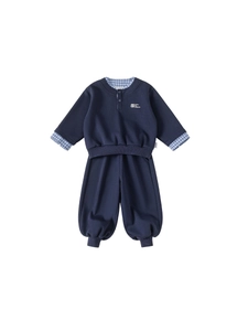Boys navy blue cotton tracksuit set with two pieces and plaid patchwork accents