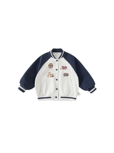 Fashionable kids color-block baseball jacket with cute embroidery and striped ribbing cuffs