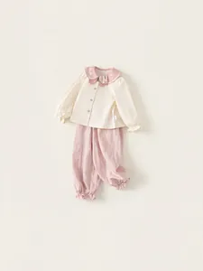 Girls' two-piece set with doll collar shirt and pink joggers in soft cotton fabric
