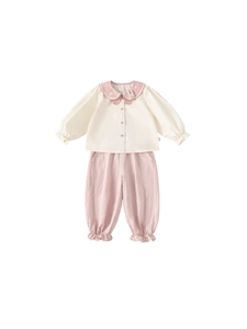 Girl's two-piece cotton set with beige Peter Pan collar top and pink embroidered pants