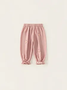 Girls Pink Butterfly Embroidered Jogger Pants Casual Elastic Waist Ruffle Hem Lantern Trousers Viscose Nylon Soft Spring Bottoms
