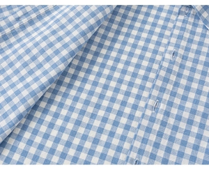 Close-up of light blue gingham shirt fabric featuring high-quality buttons and fine stitching