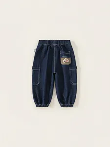 Boys deep blue cargo denim pants with elastic waist and stylish ribbed cuffs