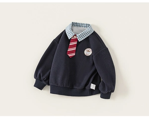Détail du sweat-shirt bleu marine avec col à carreaux, cravate et écusson brodé raffiné
