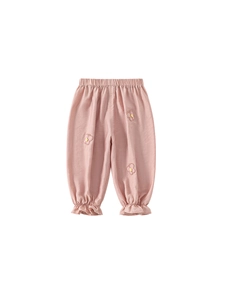 Pink cotton linen baby girls' joggers with floral embroidery and ruffled cuffs