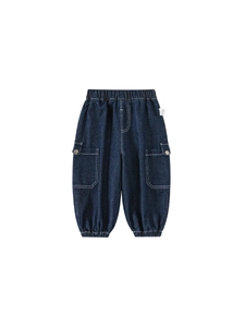 Boy's deep blue denim cargo pants with elastic waist and stylish side pockets