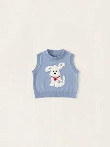 Toddler Boys Knitted Vest Cartoon Dog Pattern Sleeveless Knitwear Round Neck Sweater Waistcoat For Kids Spring Fall Outfit