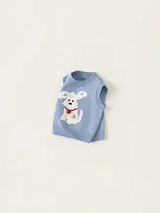 Cute light blue knitted vest for toddler boys featuring a white puppy cartoon embroidery
