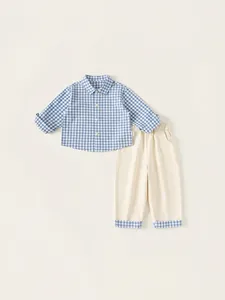 Boys Casual Blue Gingham Plaid Long Sleeve Shirt And Off White Patchwork Trousers Toddler Kids Spring Autumn Fashion Outfit