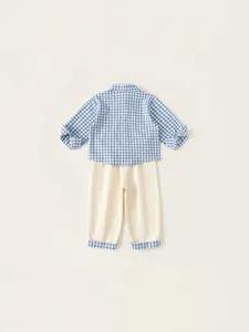 Boys blue plaid shirt and beige trousers set with matching cuffs for spring casual wear