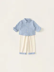 Blue plaid shirt and beige trousers two-piece set for toddler boys in spring casual style