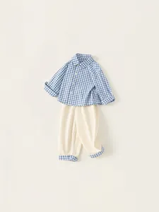 Boys' blue gingham shirt and beige pants two-piece cotton set in flat lay view