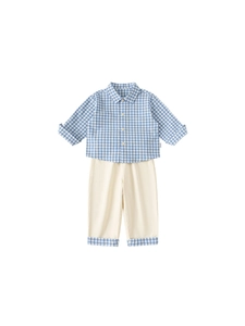 Toddler boys two-piece set with blue plaid shirt and matching beige cuffed trousers