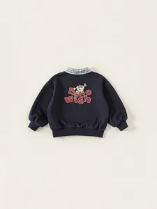 Dunkelblaues Baumwoll-Sweatshirt für Jungen mit Karokragen und Teddybär-Grafik