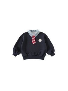 Dunkelblauer Jungen-Sweatshirt im College-Stil mit Krawatte und Bären-Stickerei