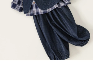 Détail d'une chemise à carreaux pour garçon avec gilet en jean et texture de tissu denim