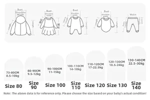 Guide des tailles pour vêtements enfants de 73 à 140 cm avec schémas de mesure détaillés