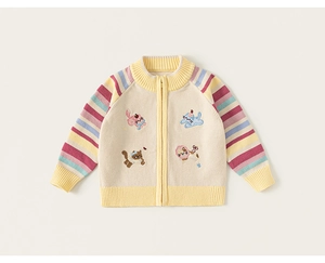 Detailopname van kindergebreid vest met gekleurde strepen en schattig dierenborduurwerk
