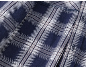 Détail de la chemise à carreaux bleu et blanc montrant la texture et les boutons