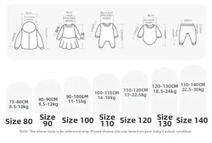 Detailed size chart for children's printed mosquito pants with height and weight metrics