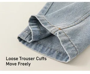 Close-up of girls wide leg light blue denim pants showing loose cuffs and twill texture