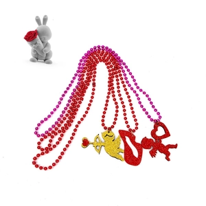 Valentine's Day beaded necklace set with glitter Cupid and heart pendants on white background