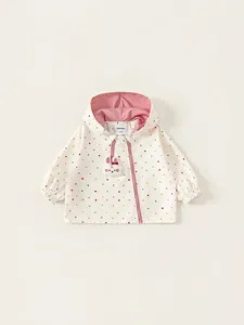 Girls Polka Dot Hooded Jacket Outdoor Windbreaker With Rabbit Charm And Embroidery Denim Pants Toddler Clothes Outwear Set