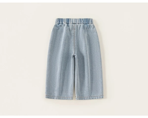 Detail of light blue girls wide-leg jeans with elastic waistband and neat stitching