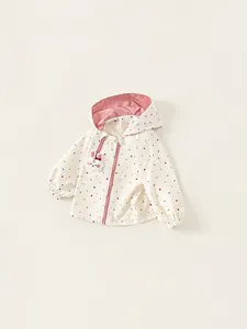 Toddler girl hooded windbreaker jacket with colorful polka dots and cute bunny embroidery