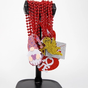 Valentine's Day red beaded necklace with LOVE heart and cupid pendants for festive parties
