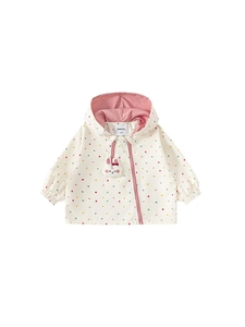 Girl's colorful polka dot hooded windbreaker jacket with a cute bunny zipper charm