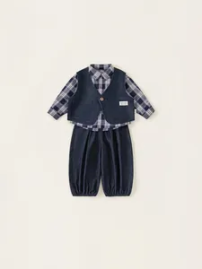 Ensemble de Vêtements 3 Pièces pour Garçons Style Britannique Chemise à Carreaux Gilet en Denim et Pantalon pour Enfants