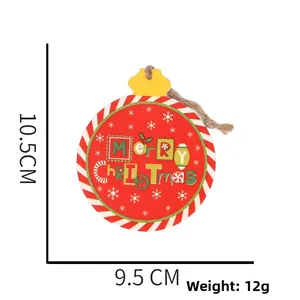 Detail view of round Merry Christmas wooden ornament with size 10.5cm and red stripes