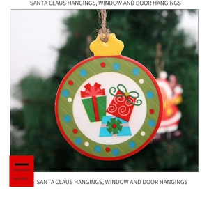Close-up of a festive wooden Christmas tree pendant with gift prints and rustic twine