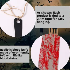 Detail of 2.4m Halloween bloody knife banner made of PVC with pre-tied hemp rope