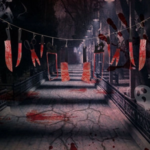 Halloween bloody weapon banner with 12 pieces of realistic fake knives and saws for party decor